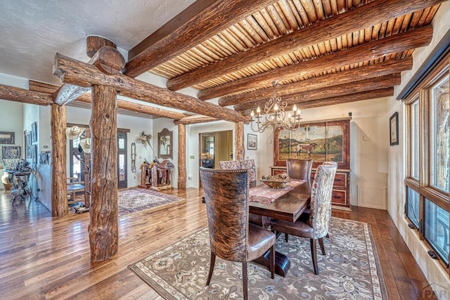 dining area with wood ceiling, a chandelier, wood finished floors, and beamed ceiling