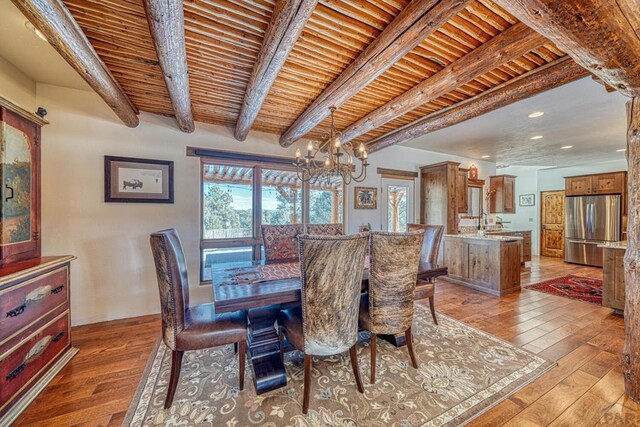 dining room with a notable chandelier, light wood-style floors, wood ceiling, and beam ceiling