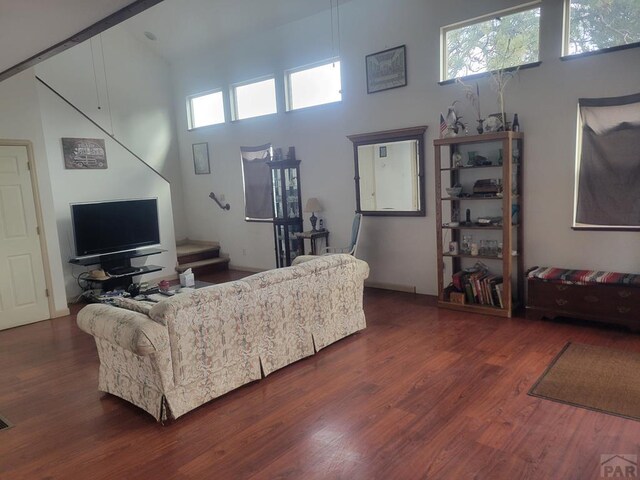 597 Piute Rd, Westcliffe, CO 81252 - living room featuring wood finished floors, plenty of natural light, and a high ceiling