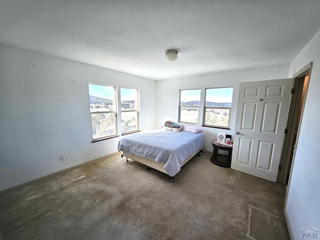 bedroom featuring baseboards, multiple windows, and dark carpet