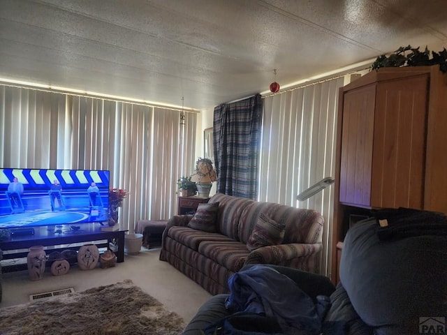 carpeted living area with a textured ceiling and visible vents