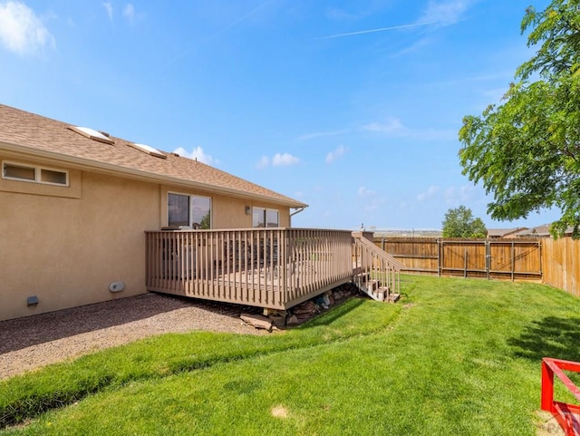 view of yard featuring a fenced backyard and a wooden deck