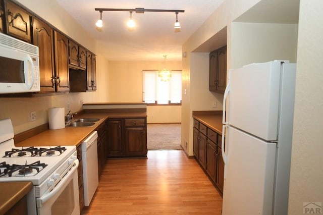 kitchen with white appliances, dark brown cabinetry, light wood-type flooring, pendant lighting, and a sink