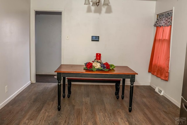 dining room featuring baseboards, visible vents, and dark wood finished floors