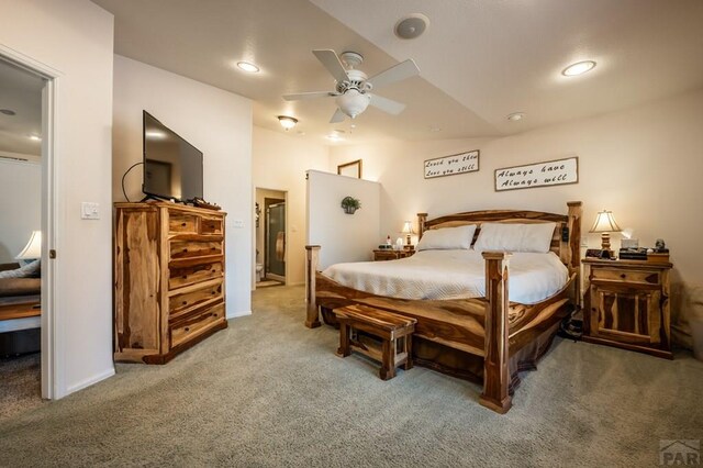 carpeted bedroom featuring recessed lighting, ceiling fan, and baseboards