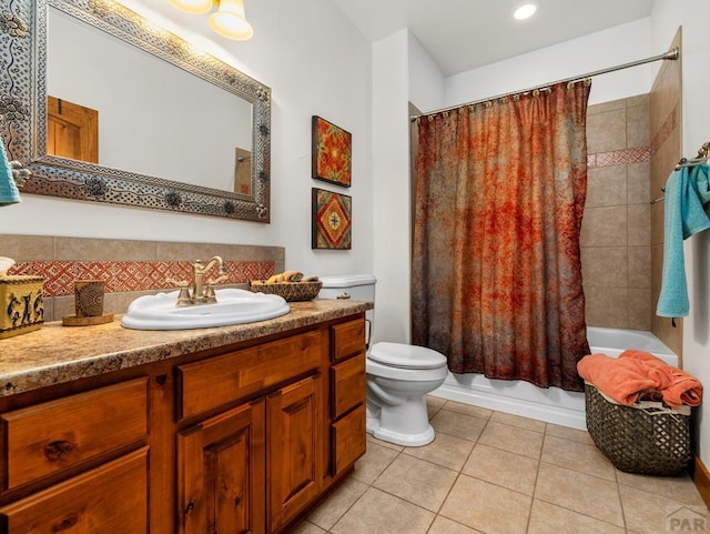 8760 Ridge Rd, Beulah, CO 81023 - bathroom featuring tile patterned flooring, vanity, toilet, recessed lighting, and shower / tub combo