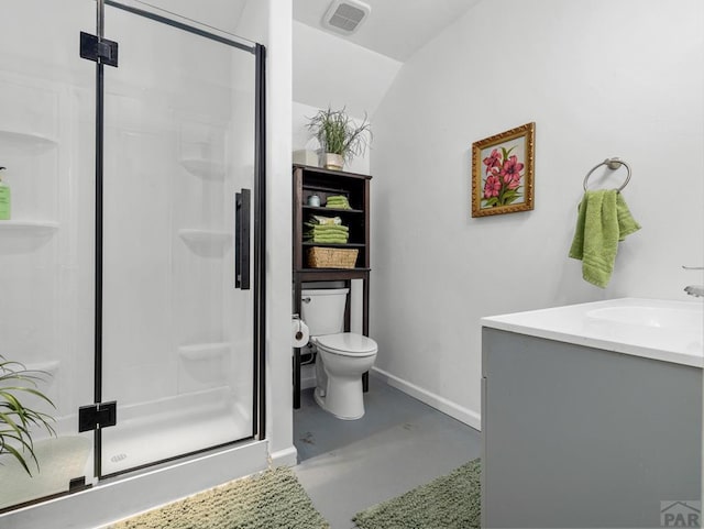 8760 Ridge Rd, Beulah, CO 81023 - full bathroom with toilet, baseboards, visible vents, and a shower stall