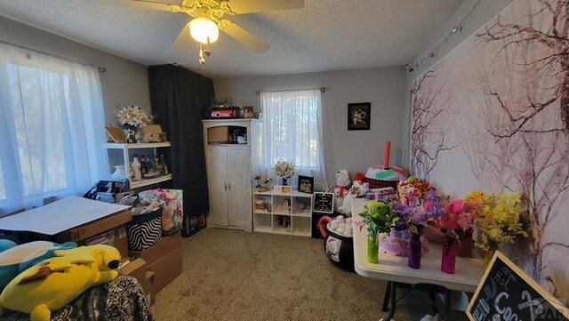 interior space with a textured ceiling, a ceiling fan, and carpet flooring