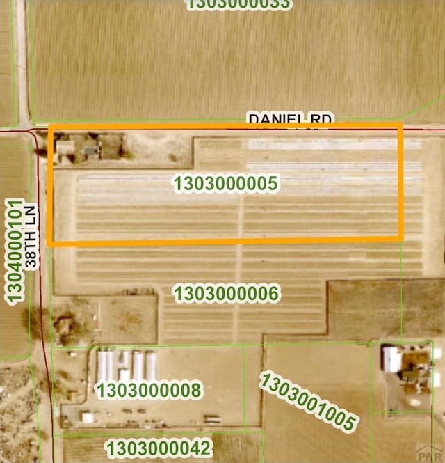 868 38th Ln, Pueblo, CO 81006 - aerial map of property and surrounding area featuring property boundaries highlighted