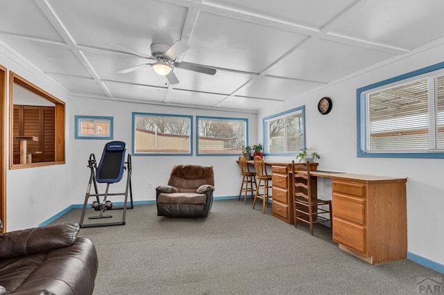 carpeted office space featuring ceiling fan, baseboards, and coffered ceiling