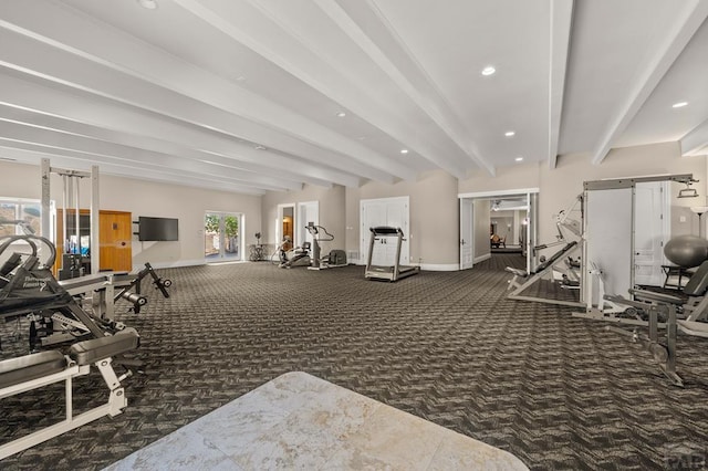 exercise room featuring dark colored carpet, recessed lighting, and baseboards