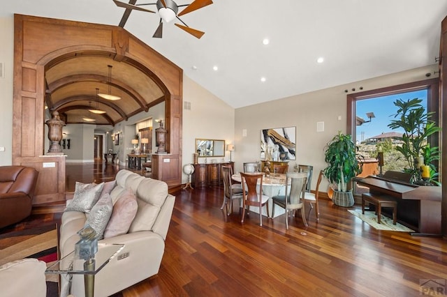 living room featuring dark wood finished floors, recessed lighting, a ceiling fan, vaulted ceiling, and baseboards