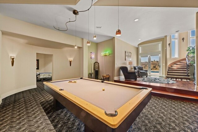 rec room featuring baseboards, pool table, vaulted ceiling, dark colored carpet, and recessed lighting