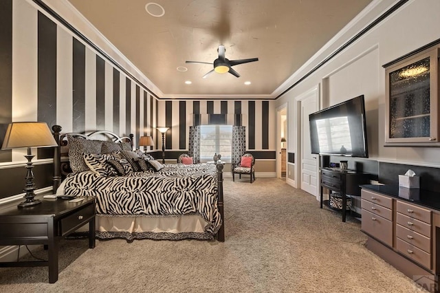 bedroom with light carpet, crown molding, baseboards, and wallpapered walls