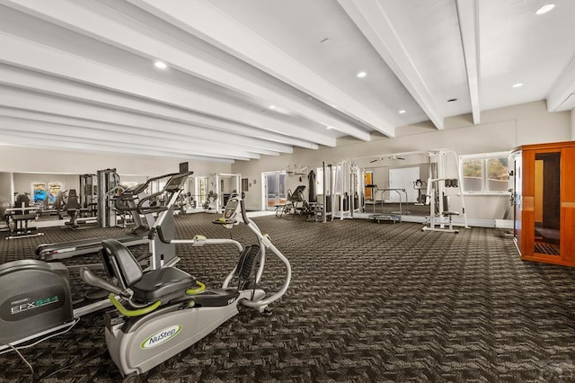 gym featuring carpet floors and recessed lighting