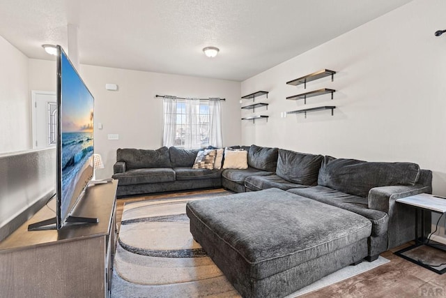 living area with a textured ceiling and wood finished floors