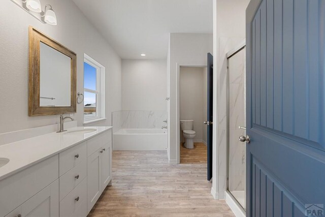 bathroom with double vanity, toilet, a sink, wood finished floors, and a bath