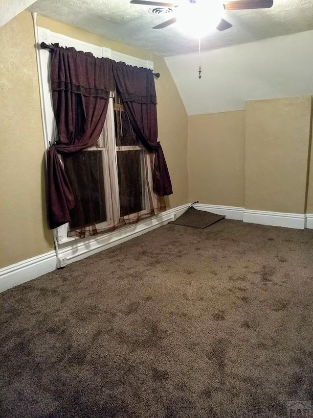 additional living space with vaulted ceiling, a textured ceiling, carpet flooring, and baseboards