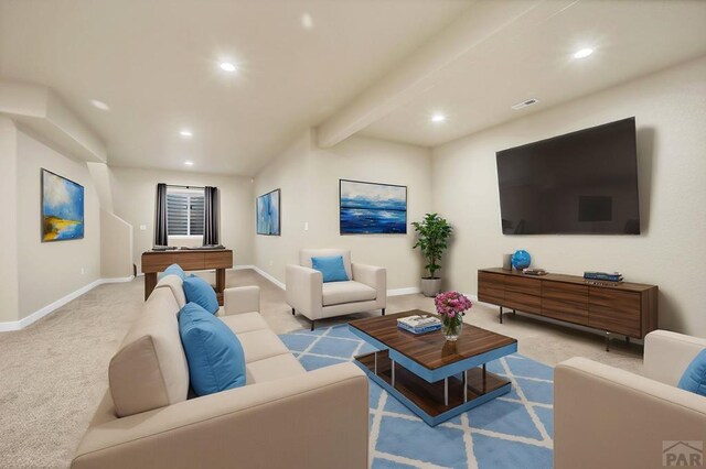 living area featuring baseboards, visible vents, light colored carpet, beam ceiling, and recessed lighting