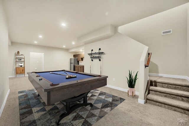 recreation room with billiards, baseboards, visible vents, light colored carpet, and recessed lighting