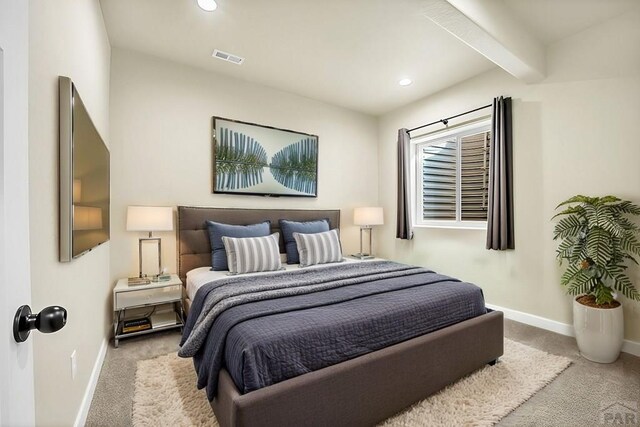 carpeted bedroom featuring visible vents, recessed lighting, beam ceiling, and baseboards