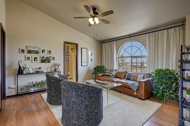 769 S Mccoy Dr, Pueblo West, CO 81007 - living room with wood finished floors, a ceiling fan, and lofted ceiling