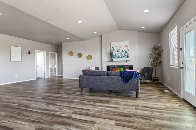 living room with baseboards, vaulted ceiling, wood finished floors, and a glass covered fireplace