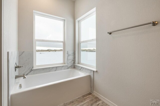 bathroom featuring wood finished floors, a bath, and baseboards