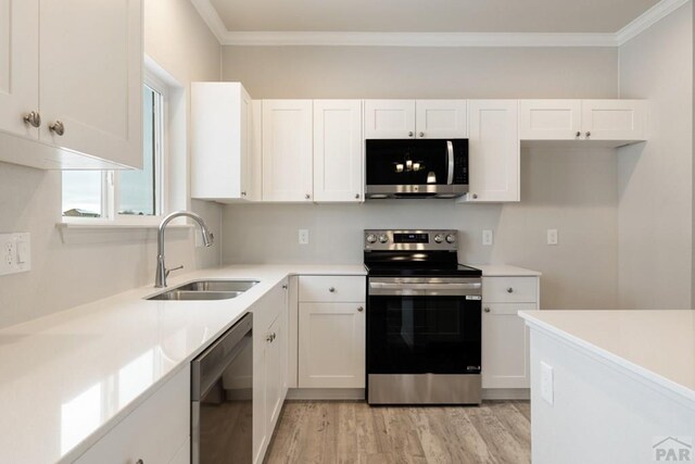 kitchen featuring white cabinets, stainless steel appliances, a sink, and light countertops