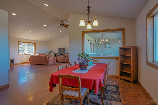1771 Sunrise Rd, Walsenburg, CO 81089 - dining area featuring baseboards, vaulted ceiling, recessed lighting, wood finished floors, and a ceiling fan