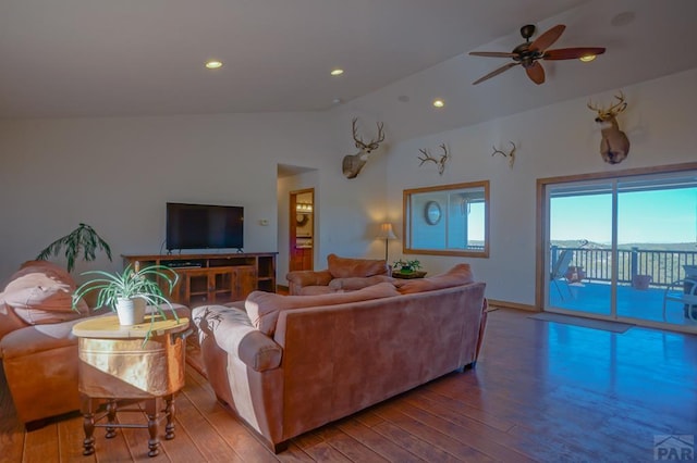1771 Sunrise Rd, Walsenburg, CO 81089 - living room with baseboards, lofted ceiling, hardwood / wood-style floors, recessed lighting, and a ceiling fan