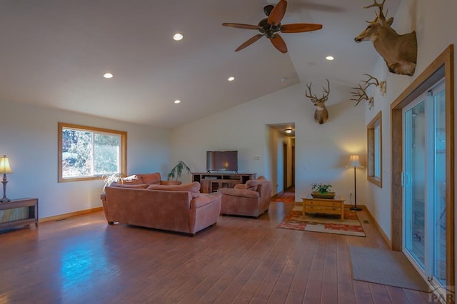 1771 Sunrise Rd, Walsenburg, CO 81089 - living room featuring a ceiling fan, baseboards, recessed lighting, hardwood / wood-style flooring, and vaulted ceiling