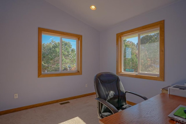 1771 Sunrise Rd, Walsenburg, CO 81089 - home office featuring baseboards, visible vents, recessed lighting, vaulted ceiling, and carpet flooring