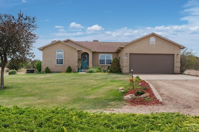 ranch-style home with a garage, concrete driveway, a front lawn, and stucco siding