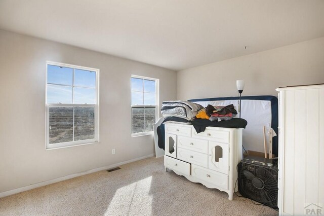 laundry room featuring light colored carpet, visible vents, and baseboards