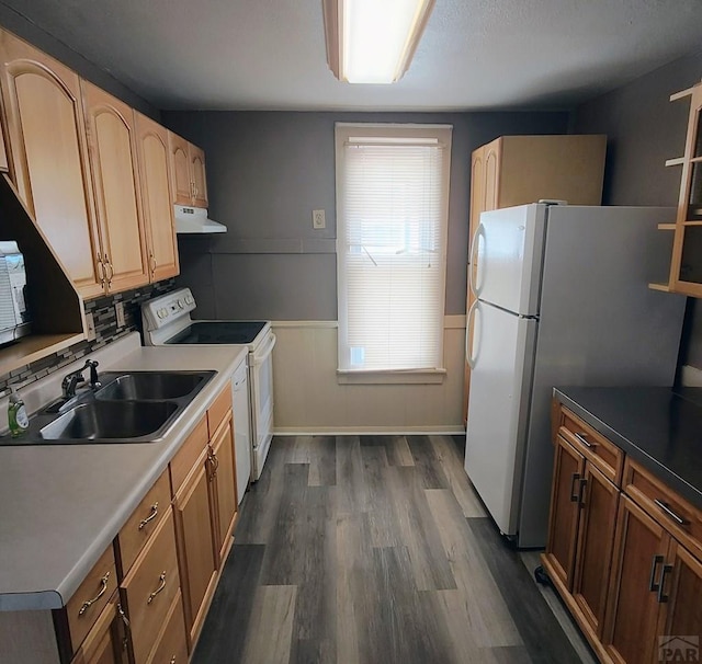 kitchen with a wainscoted wall, dark wood-type flooring, a sink, white appliances, and under cabinet range hood