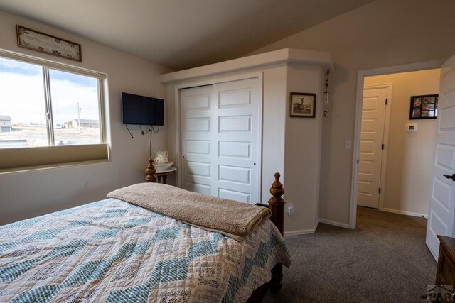 carpeted bedroom featuring baseboards and a closet