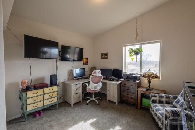 office with vaulted ceiling and carpet floors