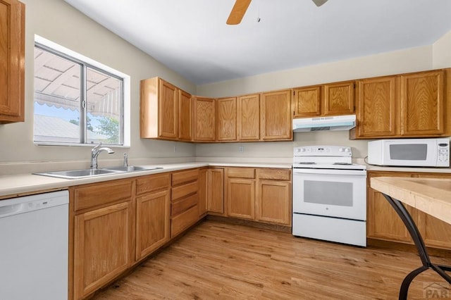 320 E Godding, Trinidad, CO 81082 - kitchen with white appliances, under cabinet range hood, light wood finished floors, light countertops, and a ceiling fan