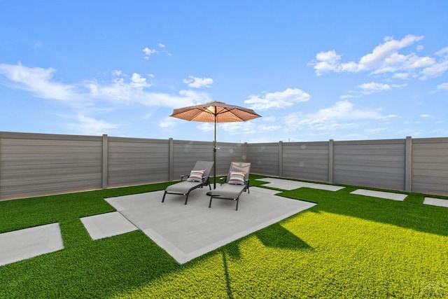 view of yard featuring a patio area and a fenced backyard