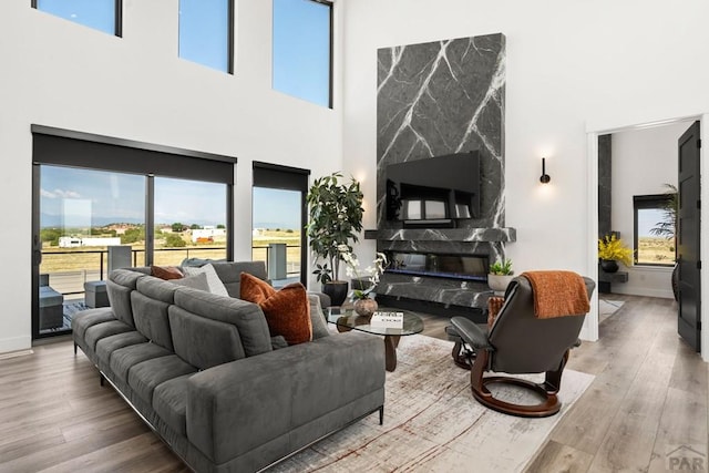 living area featuring baseboards, a healthy amount of sunlight, wood finished floors, and a high end fireplace