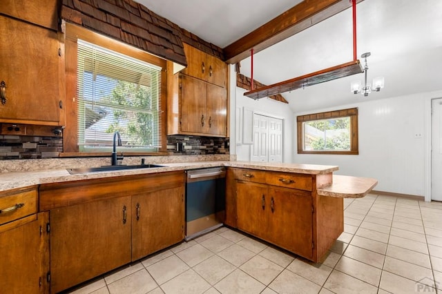 2325 W St, Pueblo, CO 81003 - kitchen featuring stainless steel dishwasher, backsplash, light countertops, a peninsula, and brown cabinets
