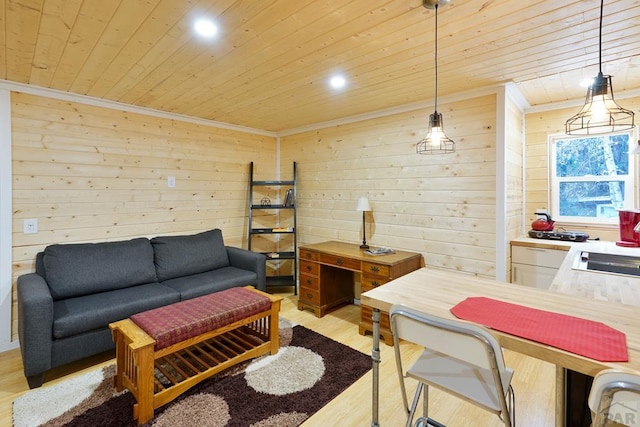 living area featuring wooden ceiling, crown molding, and light wood finished floors