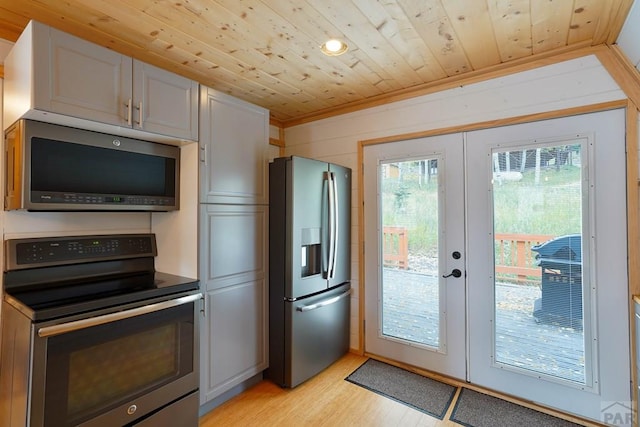 kitchen featuring light wood finished floors, wooden ceiling, gray cabinetry, appliances with stainless steel finishes, and french doors