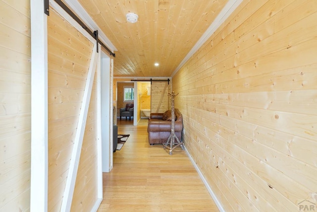 hallway with light wood-type flooring, wood ceiling, wooden walls, and a barn door