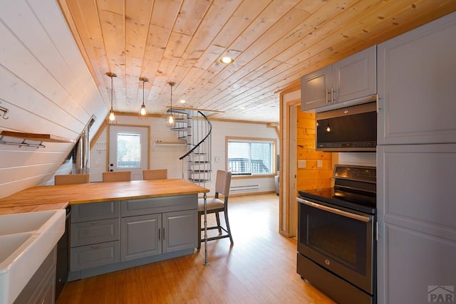 kitchen with gray cabinetry, electric range oven, wood counters, light wood-type flooring, and wooden ceiling