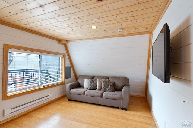 living room with wooden ceiling, electric panel, baseboard heating, and light wood-style floors