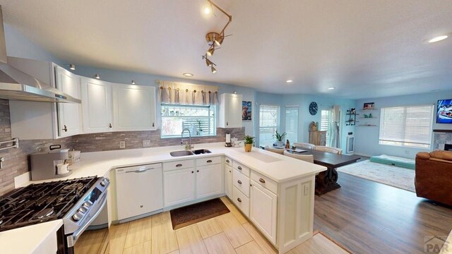 356 S Littler Dr, Pueblo West, CO 81007 - kitchen featuring dishwasher, extractor fan, stainless steel gas range oven, a sink, and a peninsula