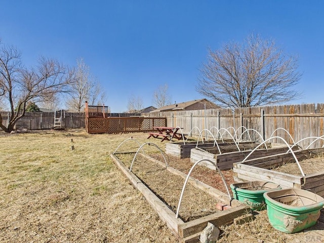 view of yard featuring a fenced backyard and a garden