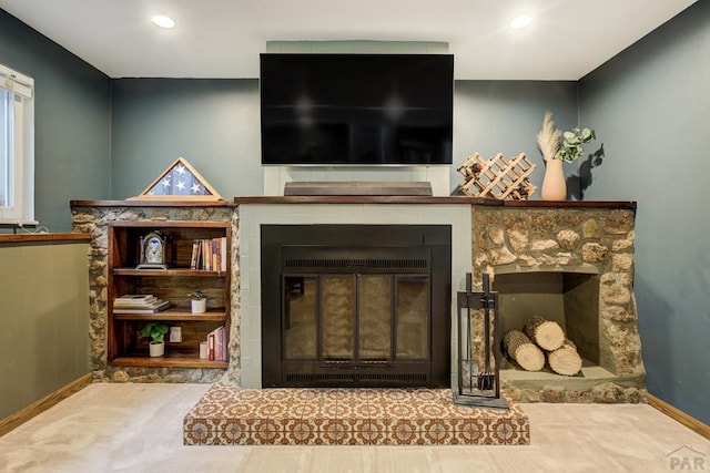 20 N 32nd St, Colorado Springs, CO 80904 - detailed view of a fireplace with raised hearth, recessed lighting, and baseboards